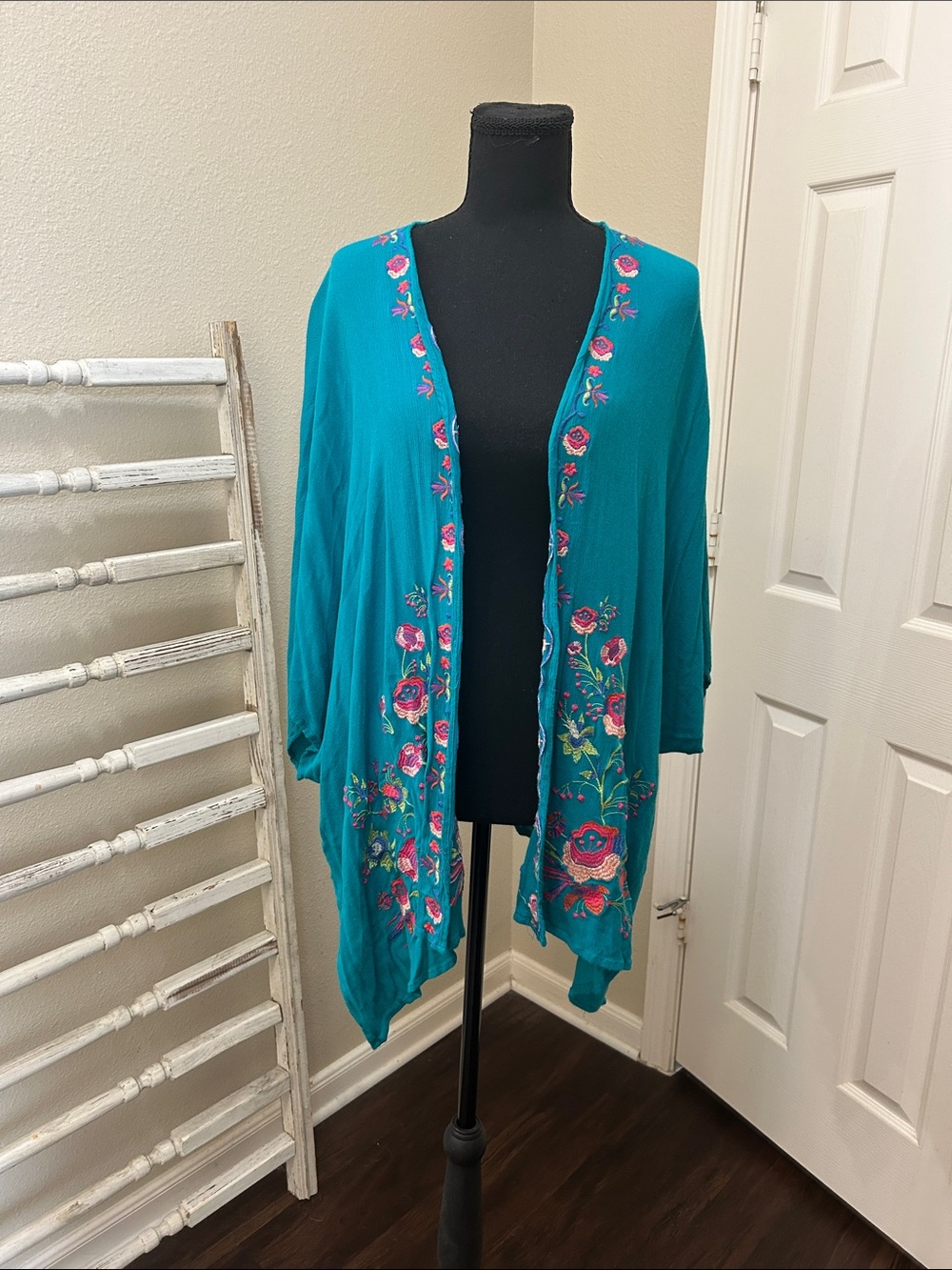 Umgee Teal Open Cardigan with Pink Floral Embroidery